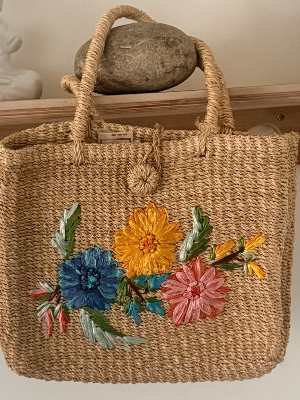 croft & barrow Natural Straw Tote with Blue, Yellow, Pink Floral Embroidery